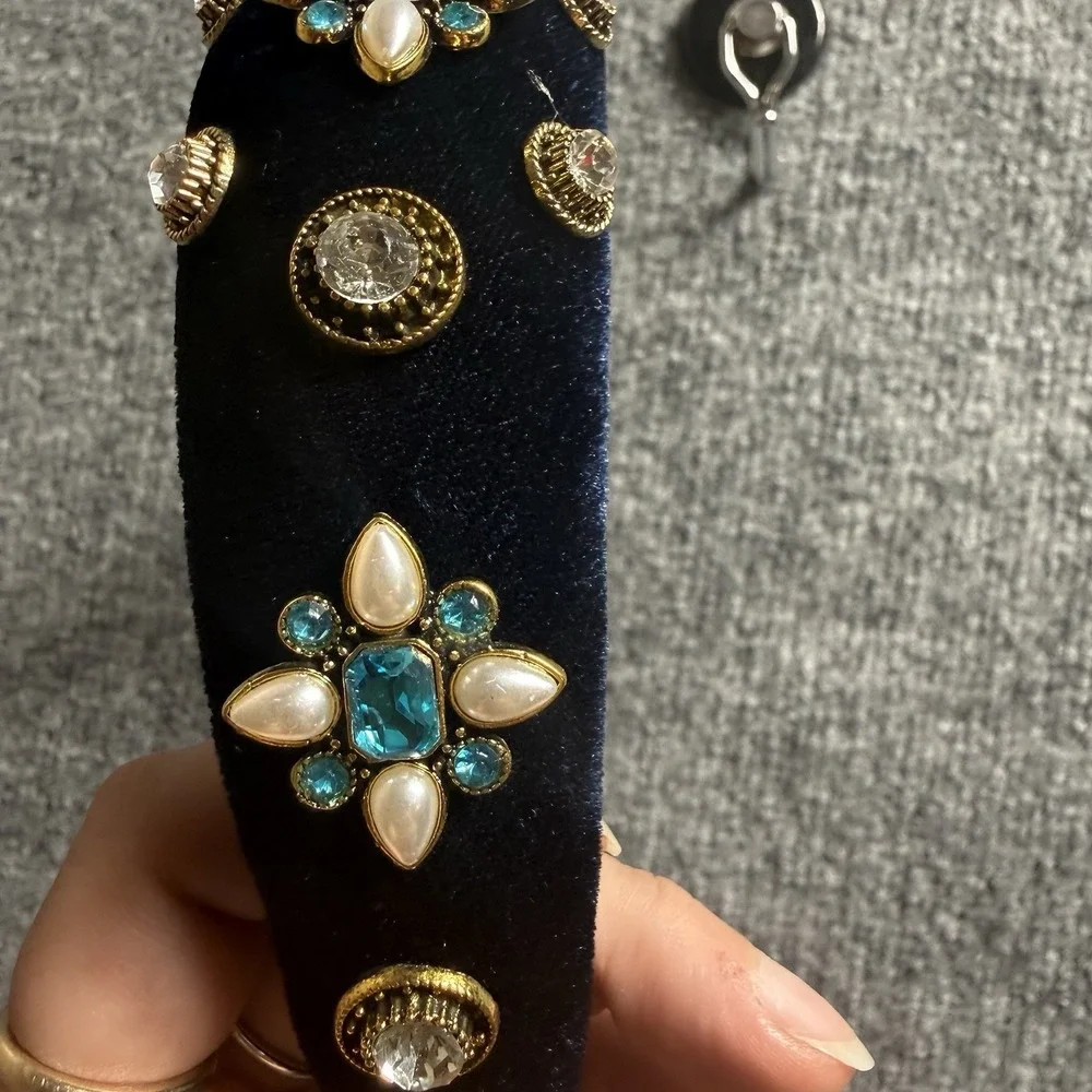 Baroque Velvet Padded Headband Black Gold Crystal Studded Gem Statement Piece